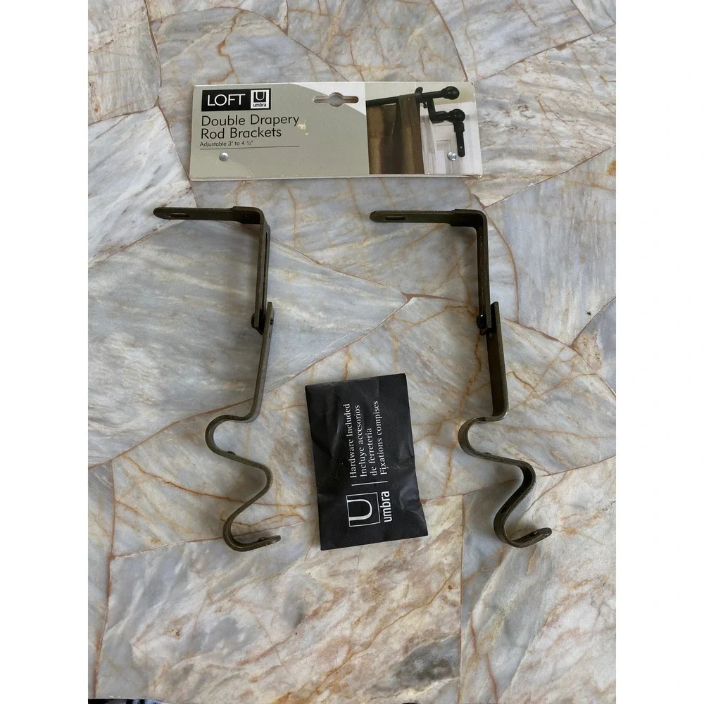 Umbra Loft Double Drapery Rod Brackets Aged Brass Adjustable 3 to 4.5 Inch Set 2